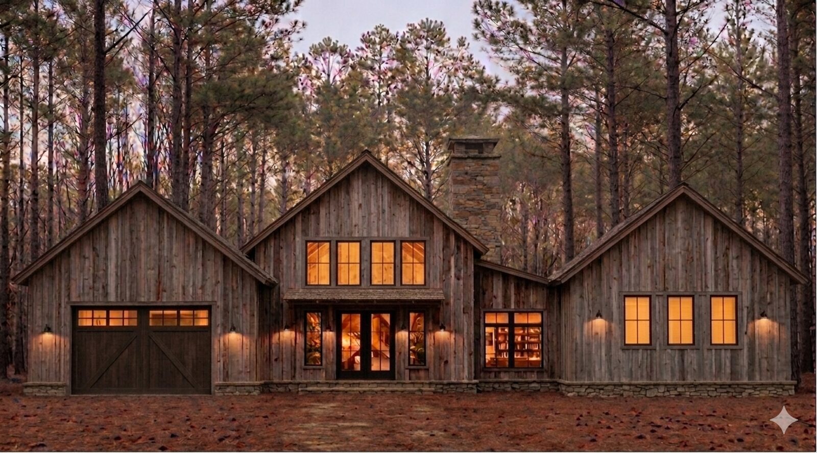 Evening at The Mazama Cabin — warm light in every window